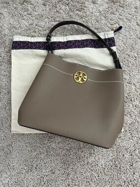Tory Burch Taupe Pebbled Leather Shoulder Bag with Gold Logo Accent
